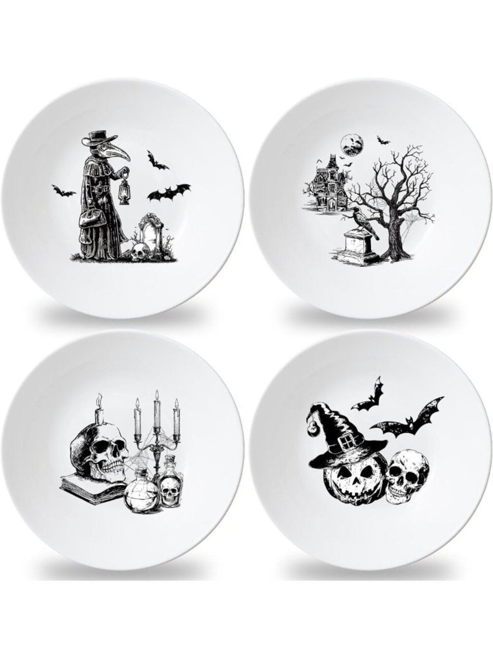4-Piece 10-Inch Halloween Dinnerware Set - Gothic Skull, Bat & Tombstone Plates